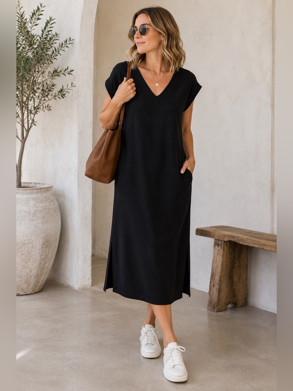 Monos Sevilla Black V-Neck Midi Travel Dress Pockets Size XL